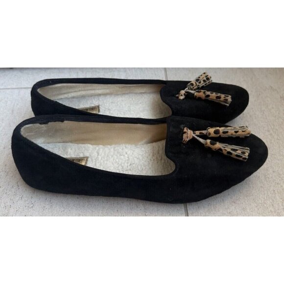 Birdies Black Leather Loafer Flats Leopard Animal Print Tassels Shearling Sz 7.5 - Picture 1 of 8